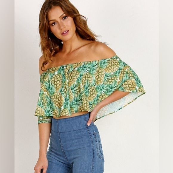 SHOW ME YOUR MUMU Green Pineapple Ruffle Off-Shoulder Heidi Crop Top Size Medium - Picture 1 of 6